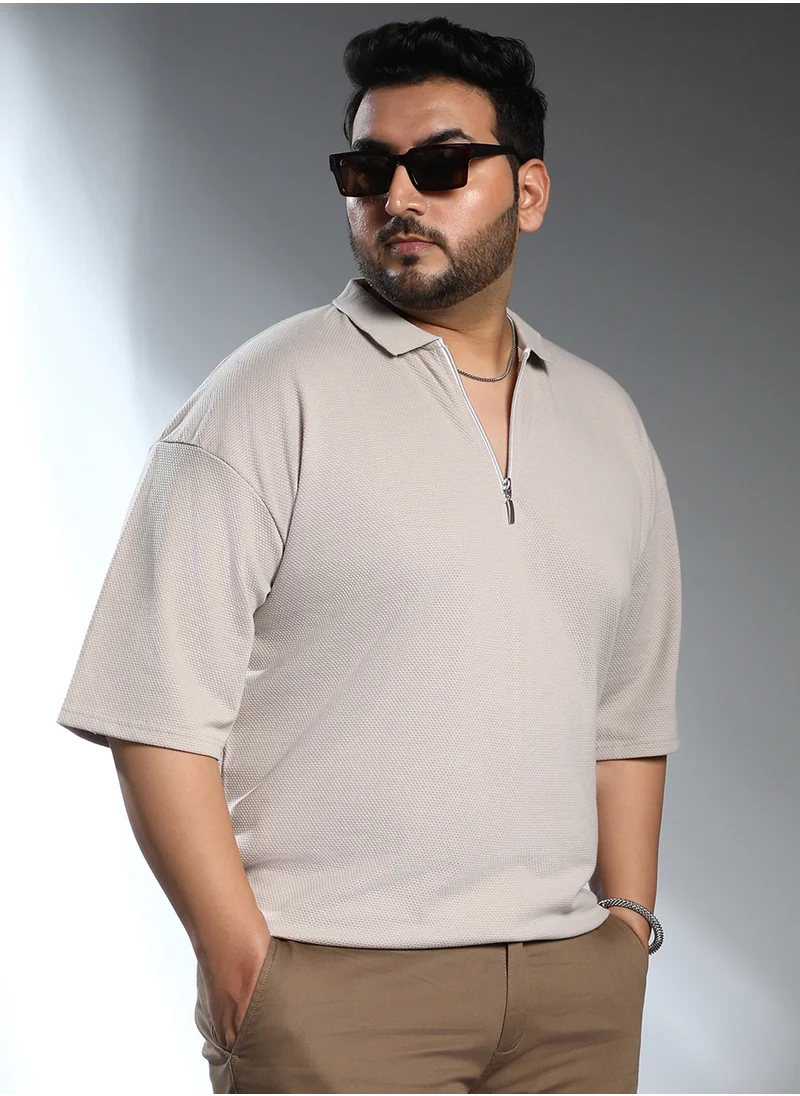 انستافاب بلس Instafab Plus Men's Saltbox Beige Solid Oversized Polo T-Shirt For Casual Wear | Polo Neck | Short Regular Sleeves | Half-Zip Closure | Plus Size T-Shirt Crafted With Comfort Fit For Everyday Wear