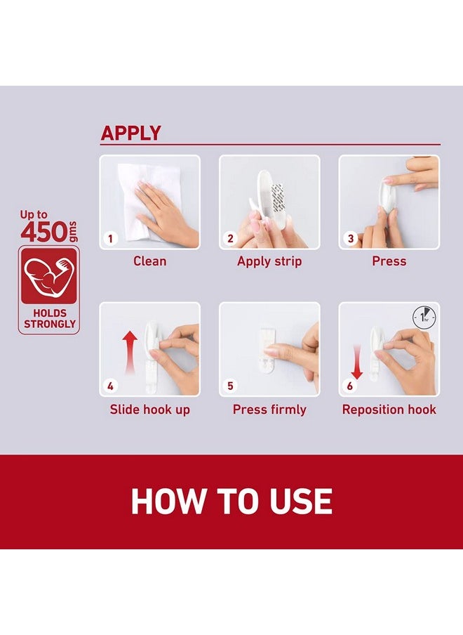 Command Designer Small Self Adhesive Plastic Hooks, Holds 450Gm (2 Hooks And 4 Strips, White)  - Image 5