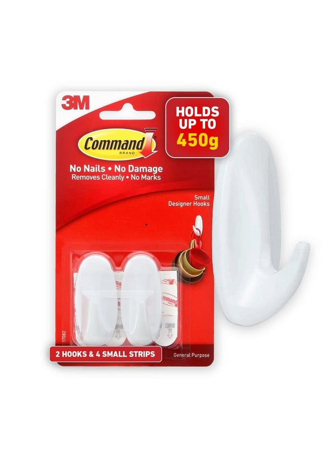 Command Designer Small Self Adhesive Plastic Hooks, Holds 450Gm (2 Hooks And 4 Strips, White)  - Image 1