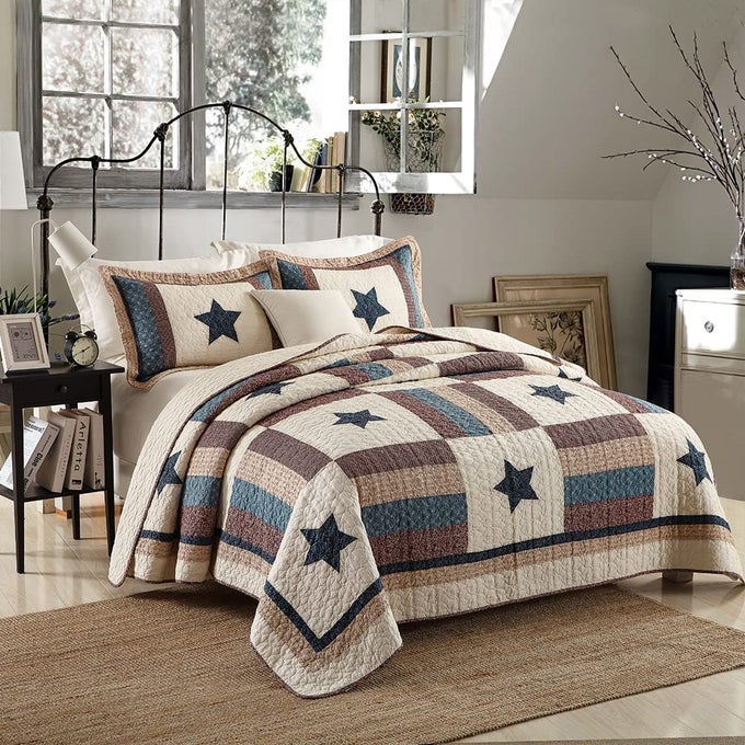 COTTON BEDDING QUILT SETS 3 PIECES REVERSIBLE COVERLET SETS ALL SEASON BOYS REAL PATCHWORK BEDSPREAD MEDITERRANEANSTAR PATTERNKING SIZE