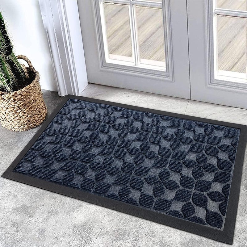 Bulijojo Sturdy Front Entrance Doormats,Durable Heavy Duty Welcome Mat,Thick Absorbent Natural Rubber Non Slip Mat,Easy Clean Entryway Mat 17"x30" Geometric Blue - Image 1