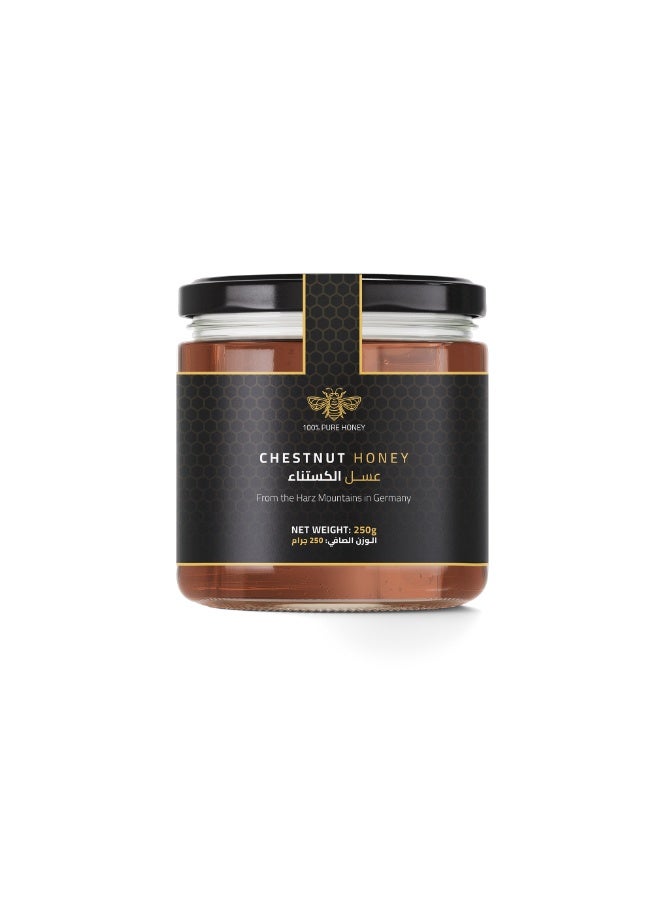 Chestnut Honey 250g – A deep dark amber German honey with bold character, earthy sweetness, and refined natural bitterness, crafted for true honey connoisseurs seeking a rich, complex taste.
