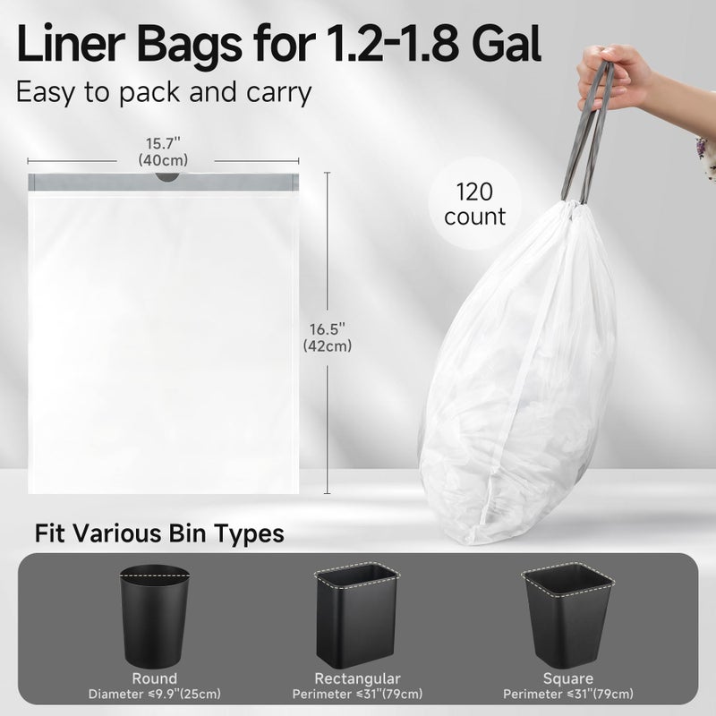 TIPGO Small Trash Bags Drawstring 1.6 Gallon, Pre-Cut Mini Garbage Bags for 1.2-1.8 Gallon Trash Bins, 120 Count (Code A) - Image 3