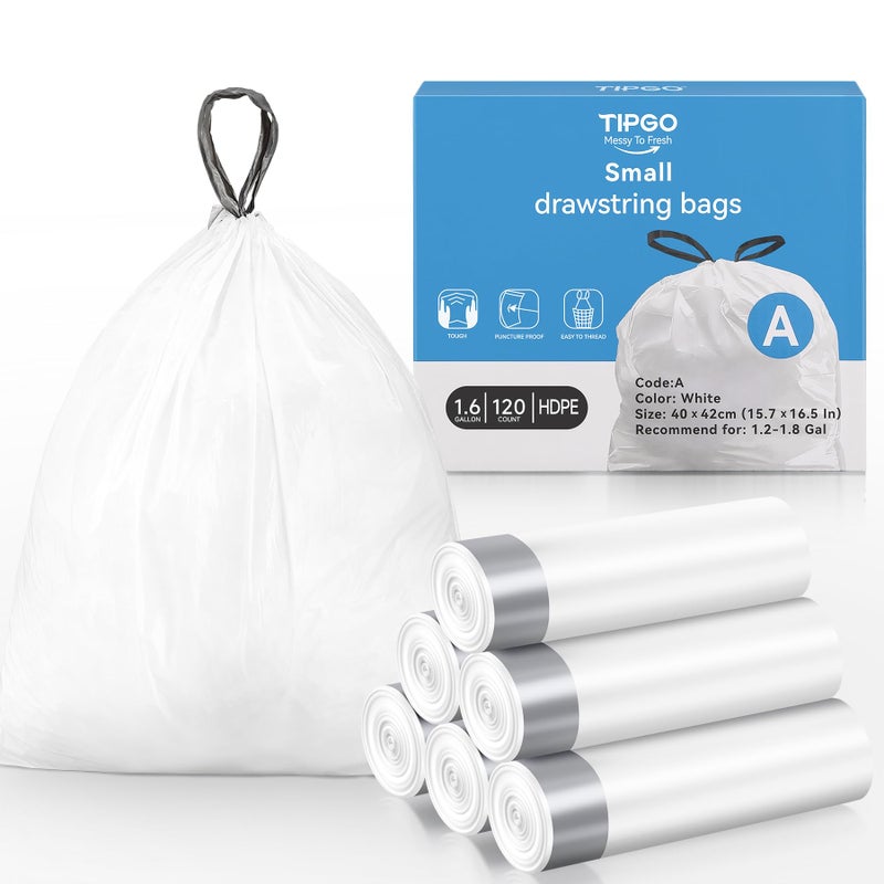 TIPGO Small Trash Bags Drawstring 1.6 Gallon, Pre-Cut Mini Garbage Bags for 1.2-1.8 Gallon Trash Bins, 120 Count (Code A) - Image 1