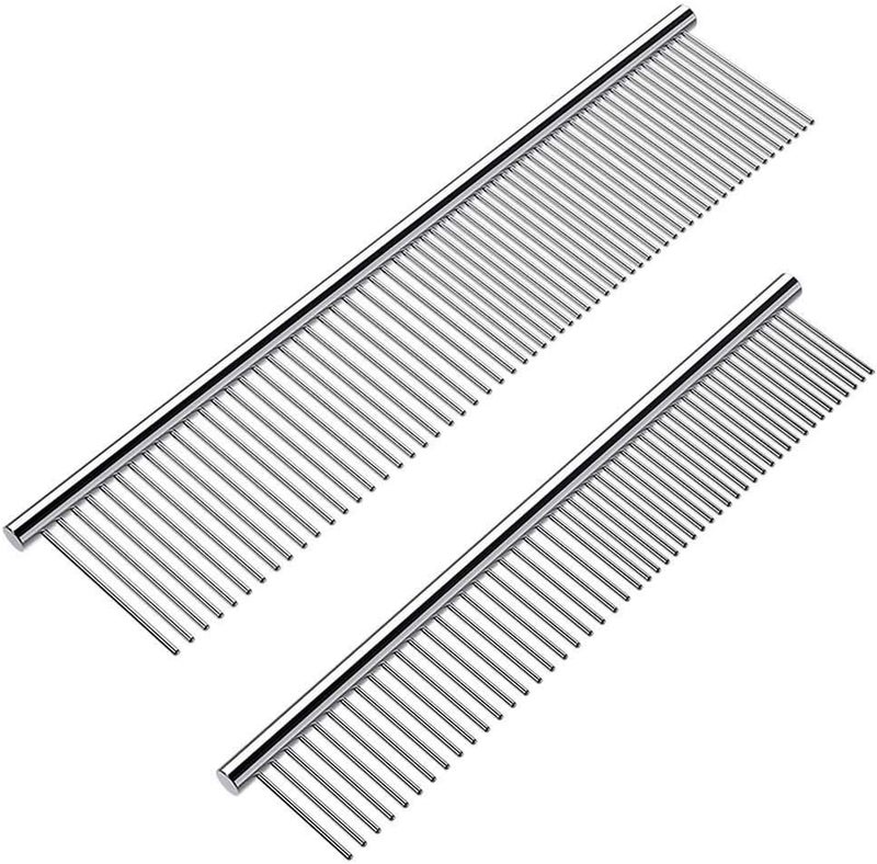 Cafhelp 2 Pack Dog Combs with Rounded Ends Stainless Steel Teeth, Cat Comb for Removing Tangles and Knots, Professional Grooming Tool for Long and Short Haired Dog, Cat and other pets, 6.3IN/7.4IN - Image 1