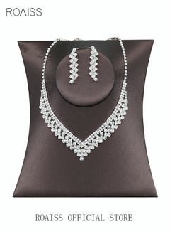 roaiss 3Pcs Rhinestone Jewelry Set Stylish Elegant V Neck Necklace Zircon Earrings Minimalist Gift for Women Ladies Mother Wife Wedding Party Sliver  - Image 3
