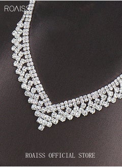 roaiss 3Pcs Rhinestone Jewelry Set Stylish Elegant V Neck Necklace Zircon Earrings Minimalist Gift for Women Ladies Mother Wife Wedding Party Sliver  - Image 5