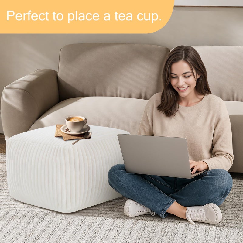MeMoreCool Square Stuffed Pouf Ottoman Foot Rest, Stripe Furry Floor Pouf Foot Stool with Foam Chunk Filling, Soft Fluffy Stuffed Ottoman Footrest for Living Room, Faux Fur Beige - Image 5
