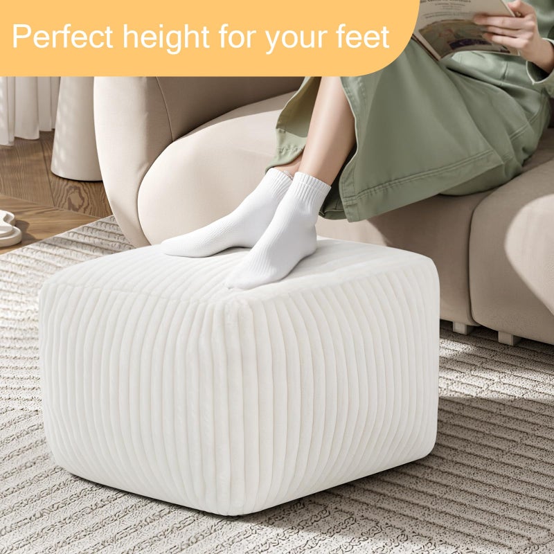 MeMoreCool Square Stuffed Pouf Ottoman Foot Rest, Stripe Furry Floor Pouf Foot Stool with Foam Chunk Filling, Soft Fluffy Stuffed Ottoman Footrest for Living Room, Faux Fur Beige - Image 4