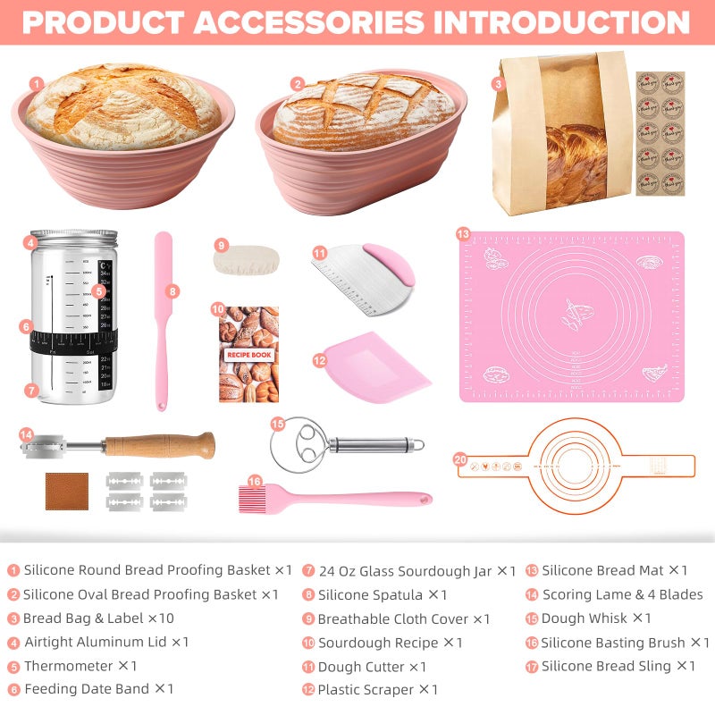 RYTOXILO Sourdough Starter Kit, 15 Pcs Sour Dough Bread Baking Supplies for Beginners with 24 Oz Glass Starter Jar, Complete Bread Making Set with Silicone Banneton Proofing Basket, Baking Accessory - Image 2