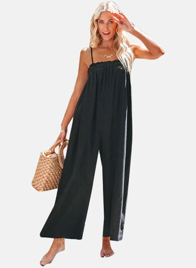 YUNIQEE Black Solid Relaxed Fit Off-shoulder Jumpsuit