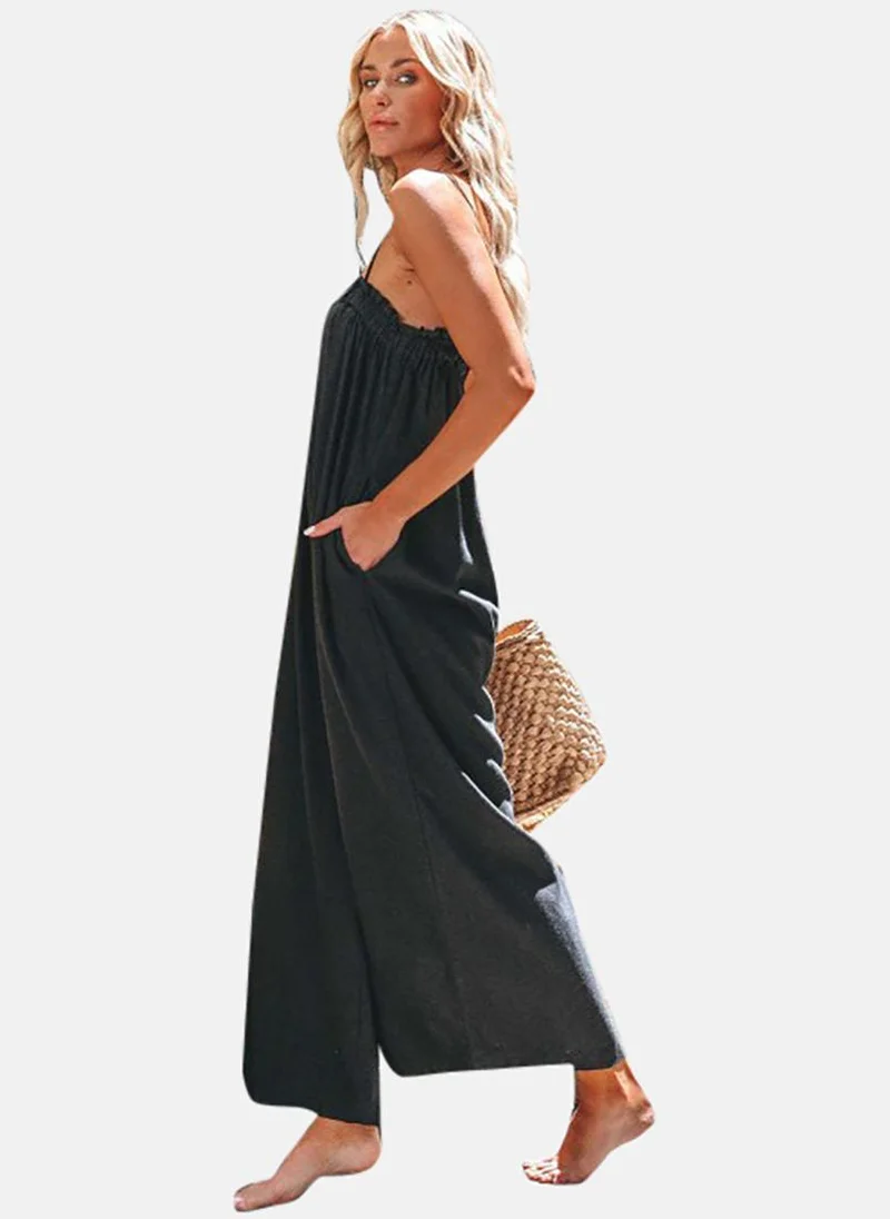 YUNIQEE Black Solid Relaxed Fit Off-shoulder Jumpsuit