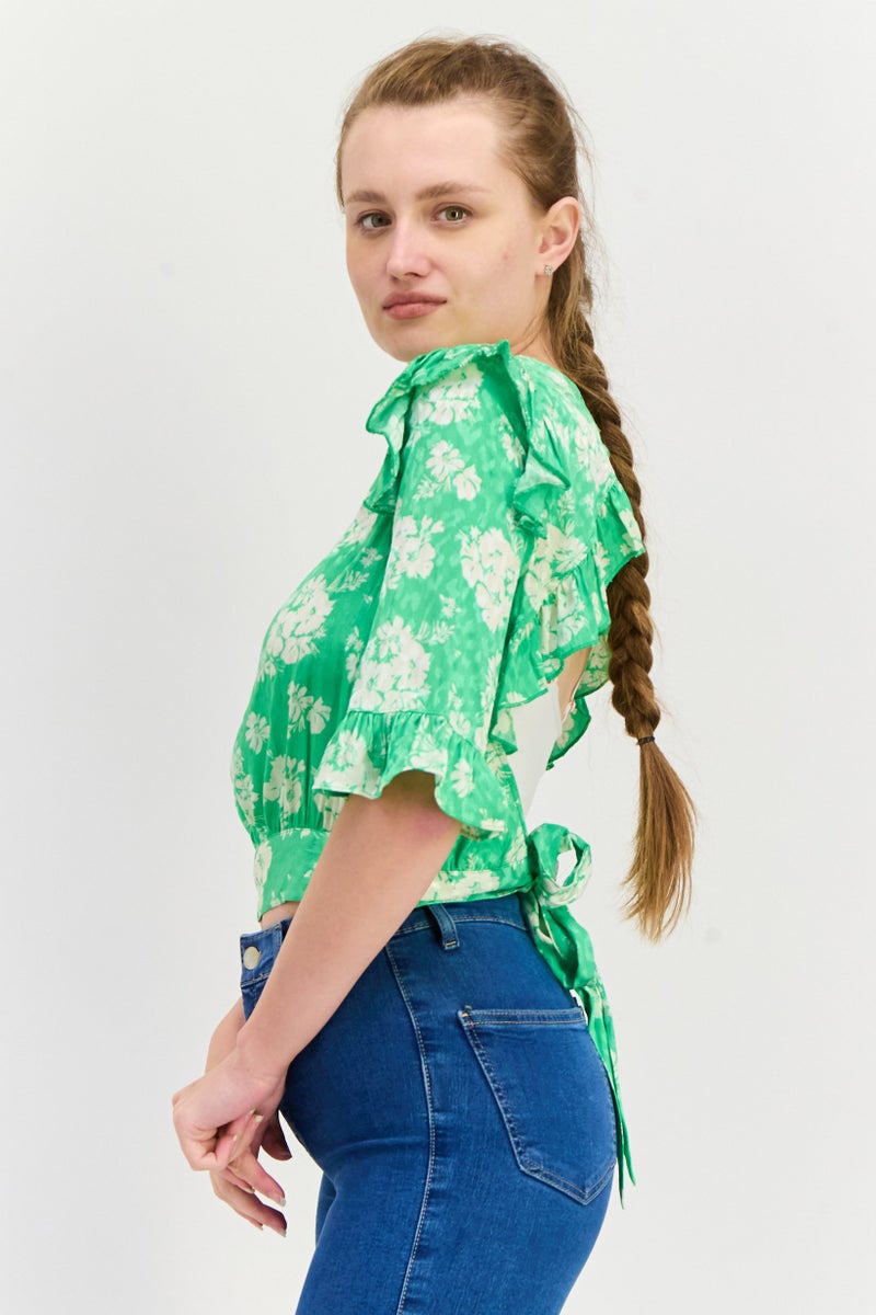 RIVER ISLAND Women Crew Neck 3/4 Sleeve Floral Print Top, Green - Image 4