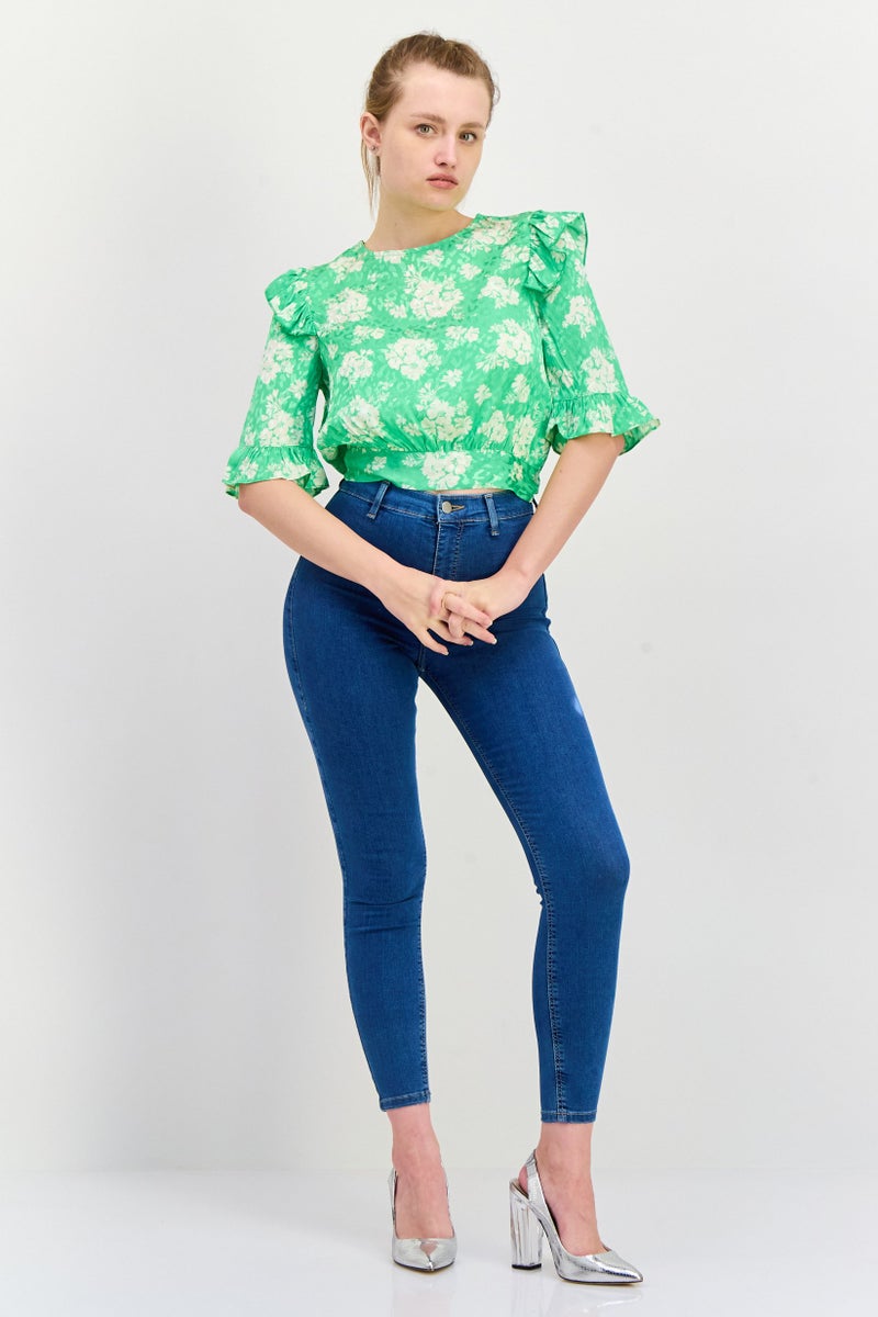 RIVER ISLAND Women Crew Neck 3/4 Sleeve Floral Print Top, Green - Image 3