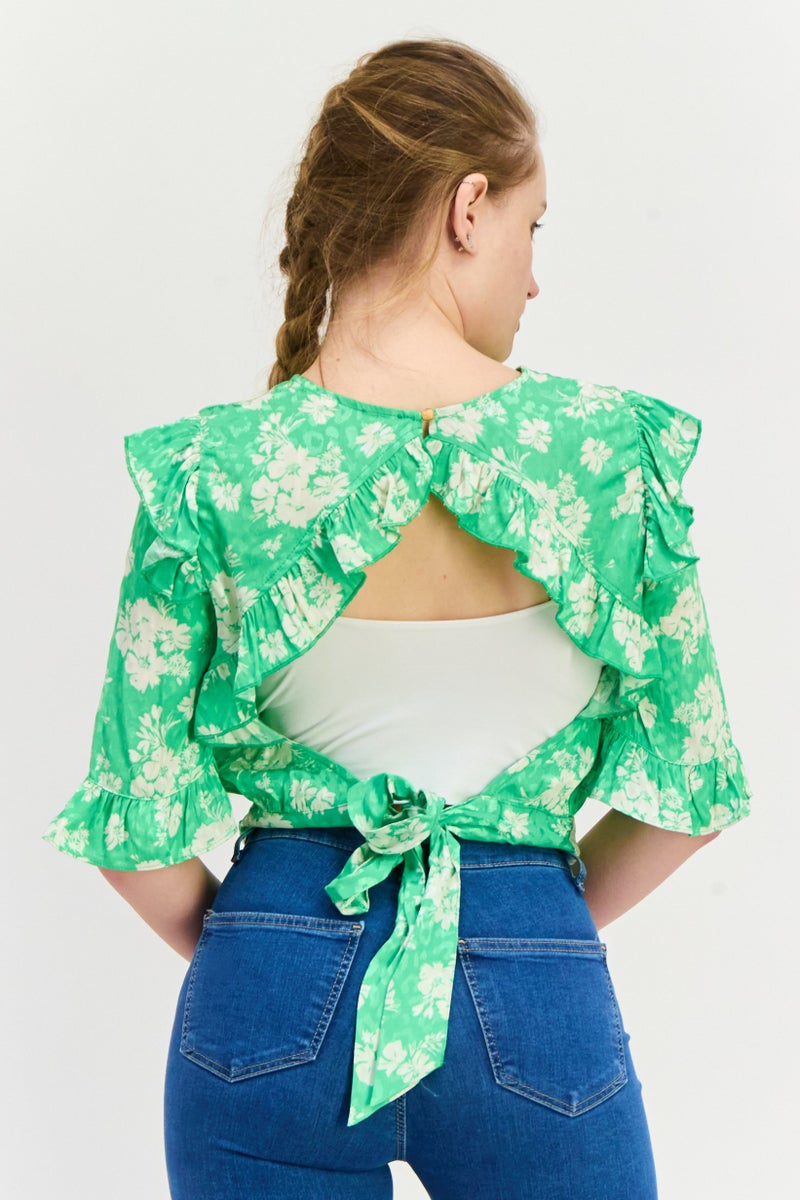 RIVER ISLAND Women Crew Neck 3/4 Sleeve Floral Print Top, Green - Image 2