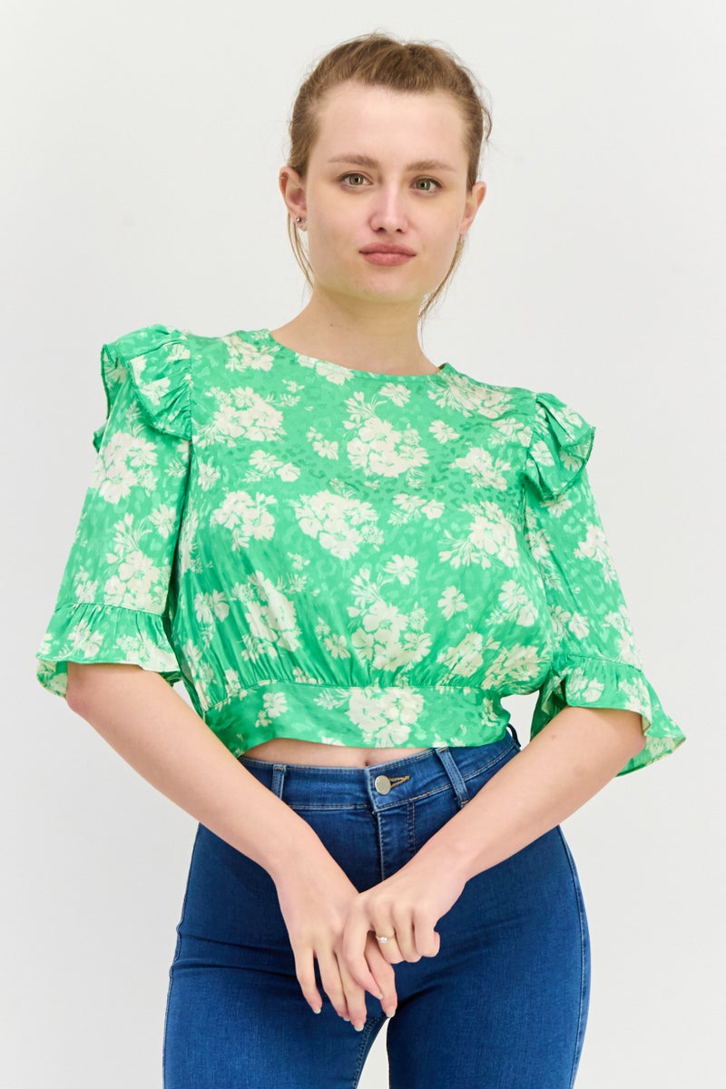 RIVER ISLAND Women Crew Neck 3/4 Sleeve Floral Print Top, Green - Image 1