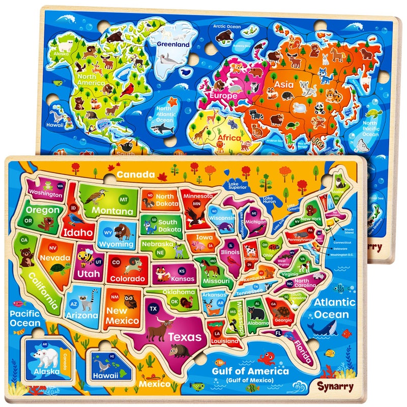 SYNARRY Large USA World Wooden Puzzles for Kids Ages 4-6, Learning United States World Maps Puzles for Kids Ages 6-8, Wood Jigsaw Puzzles Educational Games Toys Gifts for Boys Girls Ages 3-8 - Image 1