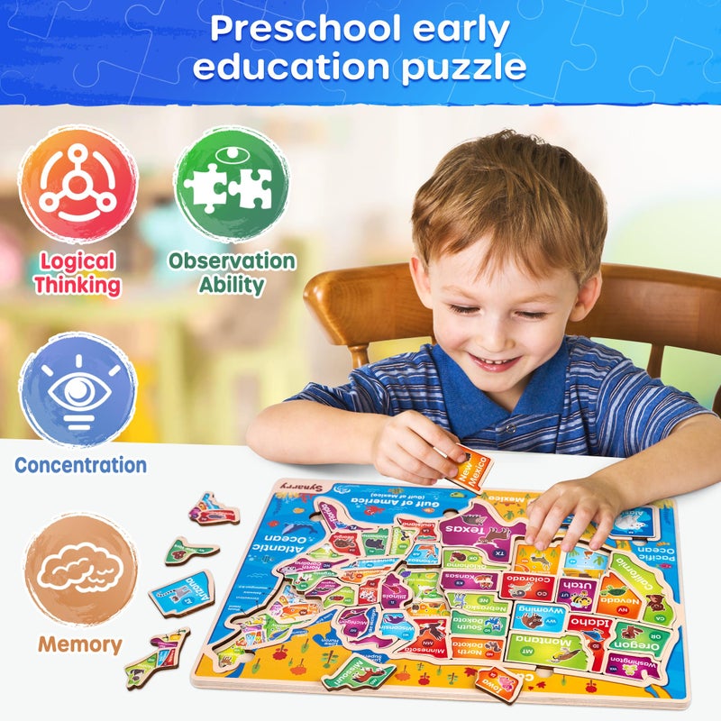 SYNARRY Large USA World Wooden Puzzles for Kids Ages 4-6, Learning United States World Maps Puzles for Kids Ages 6-8, Wood Jigsaw Puzzles Educational Games Toys Gifts for Boys Girls Ages 3-8 - Image 5