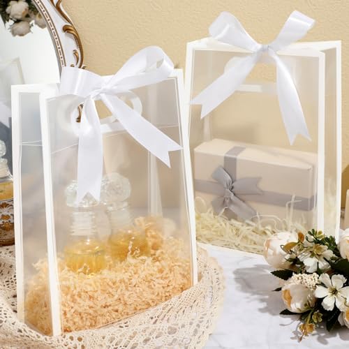 Aliceset 12 Pcs Clear Plastic Gift Bag with Die Cut Handles Reusable PP Favor Bag with Ribbon for Fall Halloween Wedding Bridal Birthday Baby Shower Party Small Business, 7x10x3.15 Inch(White) - Image 4