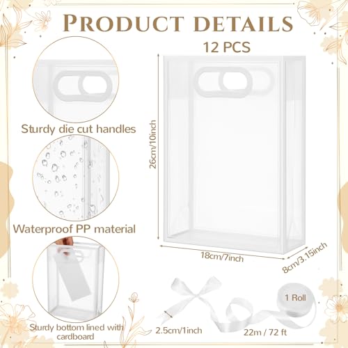 Aliceset 12 Pcs Clear Plastic Gift Bag with Die Cut Handles Reusable PP Favor Bag with Ribbon for Fall Halloween Wedding Bridal Birthday Baby Shower Party Small Business, 7x10x3.15 Inch(White) - Image 2