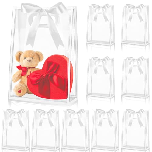 Aliceset 12 Pcs Clear Plastic Gift Bag with Die Cut Handles Reusable PP Favor Bag with Ribbon for Fall Halloween Wedding Bridal Birthday Baby Shower Party Small Business, 7x10x3.15 Inch(White) - Image 1