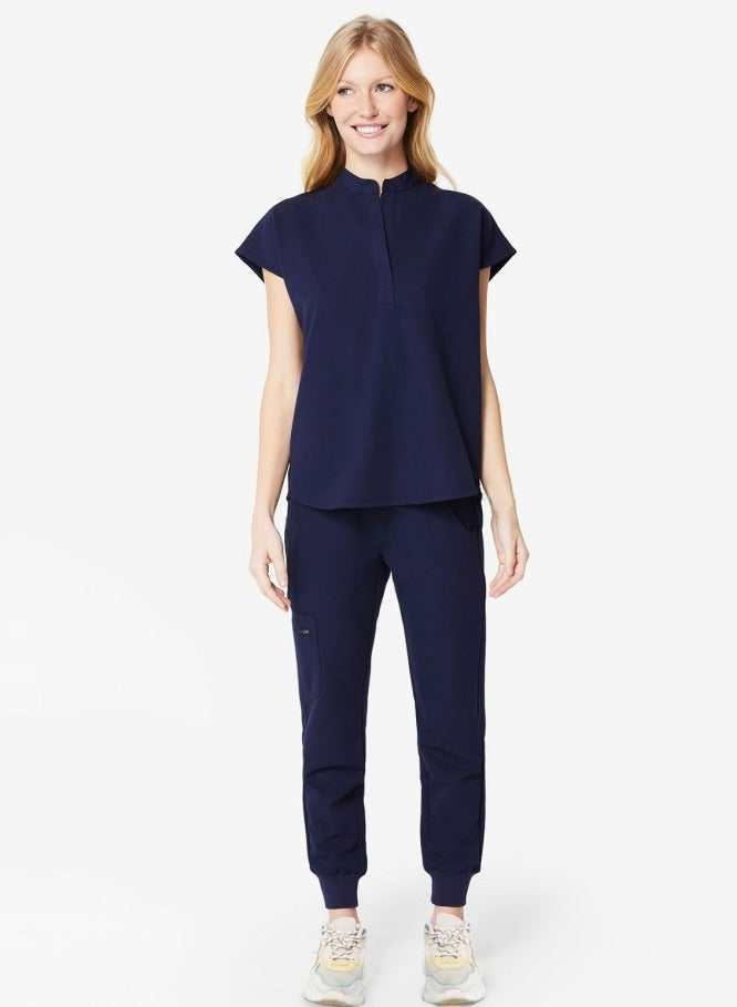 Loquat Fashion Medical Uniform Scrubs 2 Piece Set Stand Collar Top and Jogger Pants Suit Navy Blue  - Image 1