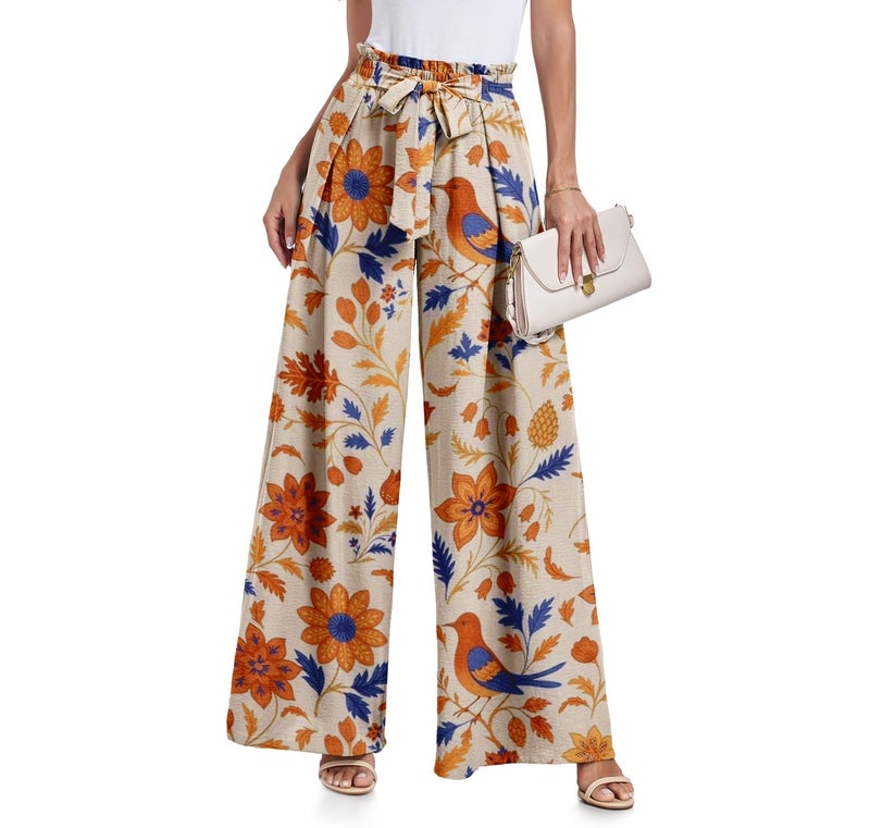 Lepunuo Womens Floral Wide Leg Casual Pants High Waisted Bohemian Print Tie Knot Business Work Trousers - Image 1