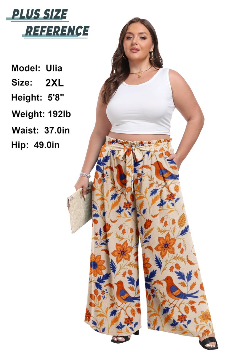 Lepunuo Womens Floral Wide Leg Casual Pants High Waisted Bohemian Print Tie Knot Business Work Trousers - Image 4