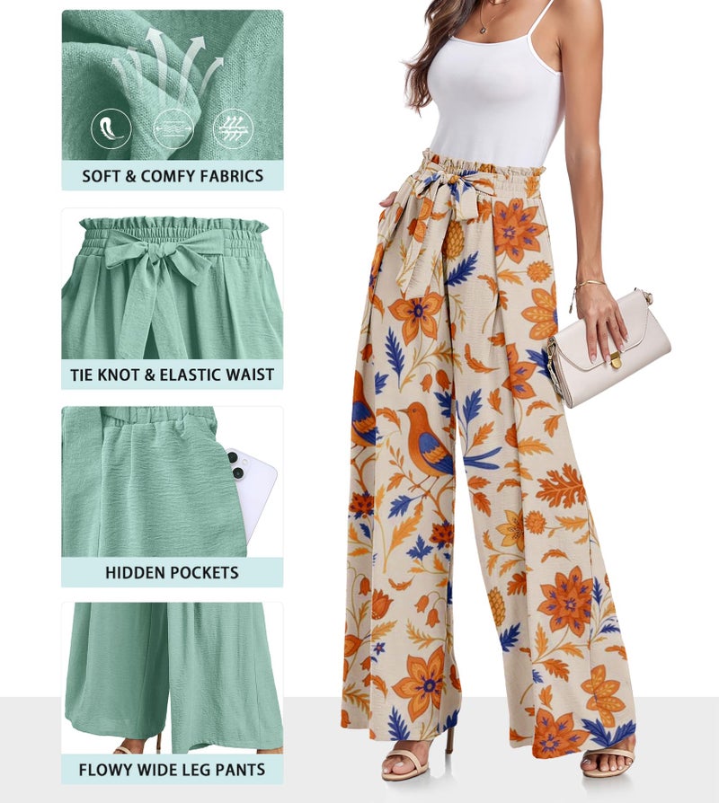 Lepunuo Womens Floral Wide Leg Casual Pants High Waisted Bohemian Print Tie Knot Business Work Trousers - Image 3