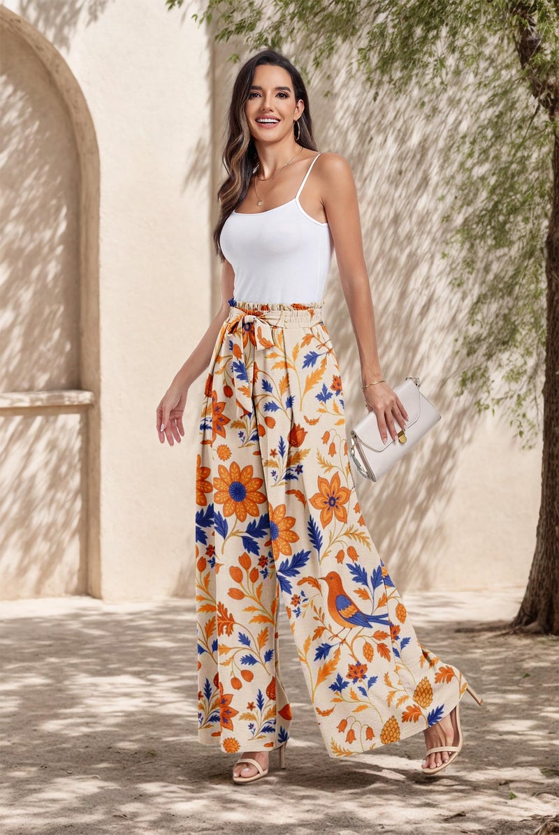 Lepunuo Womens Floral Wide Leg Casual Pants High Waisted Bohemian Print Tie Knot Business Work Trousers - Image 2