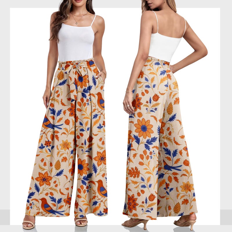 Lepunuo Womens Floral Wide Leg Casual Pants High Waisted Bohemian Print Tie Knot Business Work Trousers - Image 5