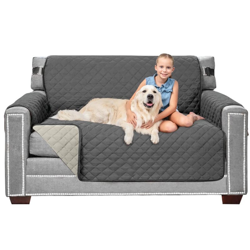 Sofa Shield Sofa Shield Loveseat Slip Cover with Patented Strap Cushion Protector Reversible Stain and Dog Tear Resistant Slipcover Quilted Microfiber 54in Seat Washable Covers for Dogs Pets Charcoal Linen  - Image 1
