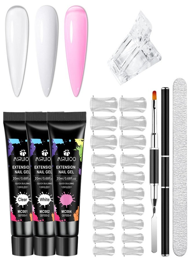 MSRUIOO Poly Extension Gel Nail Kit, Clear White Pink Builder Nail Starter Kit with Dual Nail Forms, Nail Clips for Poly Gel, Home Manicure Set - Image 1