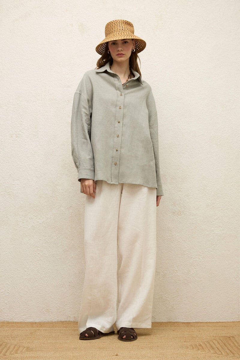 Manuka Linen Oversized Button-Down Shirt Mint  - Image 1