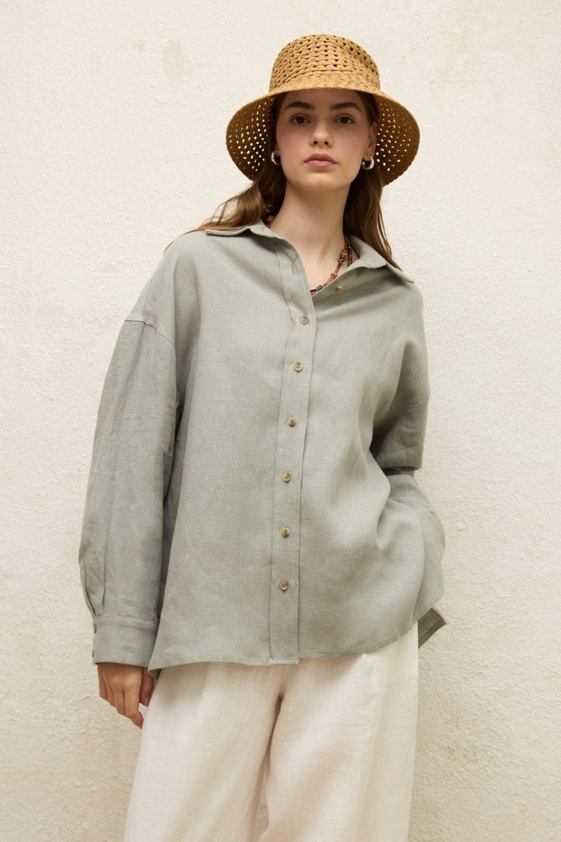 Manuka Linen Oversized Button-Down Shirt Mint  - Image 2