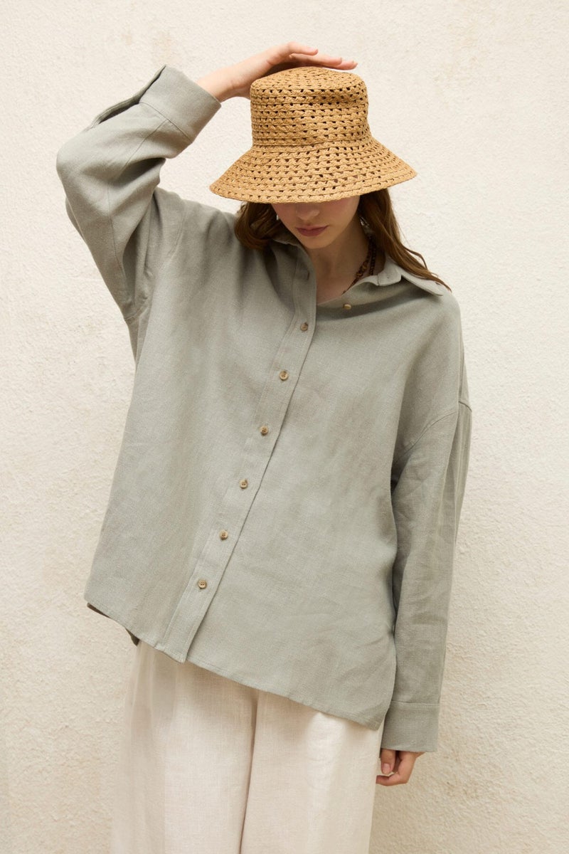 Manuka Linen Oversized Button-Down Shirt Mint  - Image 3
