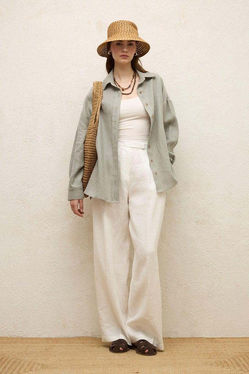 Manuka Linen Oversized Button-Down Shirt Mint  - Image 4