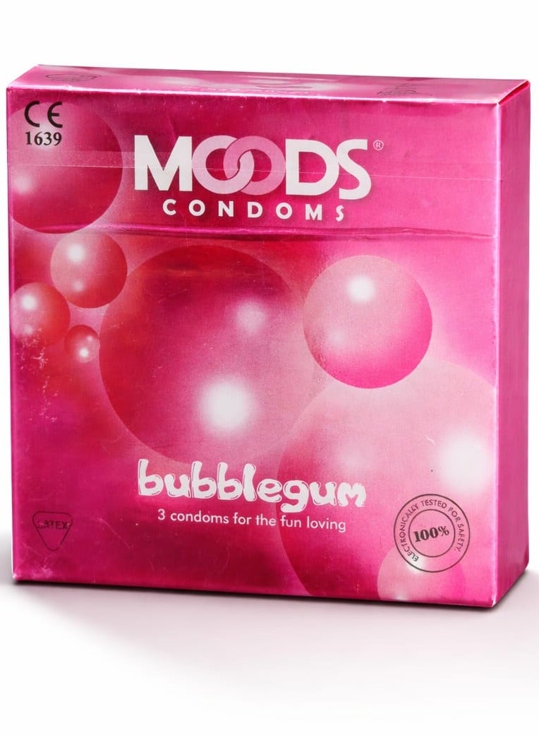 MOODS Bubblegum Flavoured Condoms – 3 Pieces | Natural Rubber Latex | Smooth Lubricated - Image 1