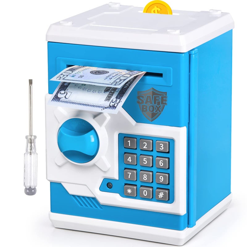 ATM Piggy Bank for Boys Girls Vcertcpl Mini ATM Coin Bank Money Saving Box with Password Kids Safe Money Jar for Adults with Auto Grab Bill Slot Great Gift Toy Bank for KidsBlue White