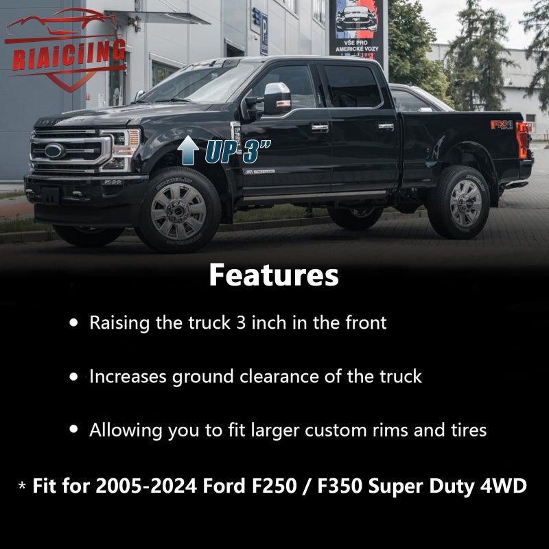 RiAiCiING 3" Front Leveling Kit Compatible with 2005-2024 Ford F250 F350 Super Duty 4WD, 3 inch High-Strength Steel Coil Spring Lift Spacers with Shock Mount Extenders & Sound Isolator - Image 2