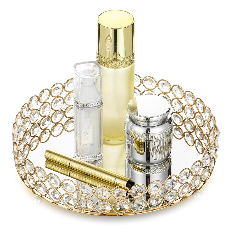 CentraLit صينية تقديم ذهبية مزينة بالمرآة مع كريستالات للتزيين للطاولة - Image 2