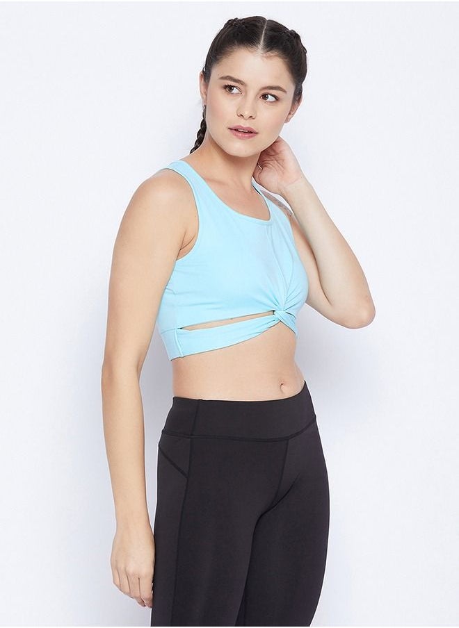Clovia - Clovia Snug Fit Active Crop Top with Twist Knot in Sky Blue - Image 1