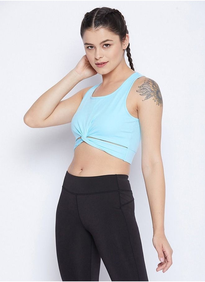 Clovia - Clovia Snug Fit Active Crop Top with Twist Knot in Sky Blue - Image 1