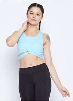 Clovia Snug Fit Active Crop Top with Twist Knot in Sky Blue