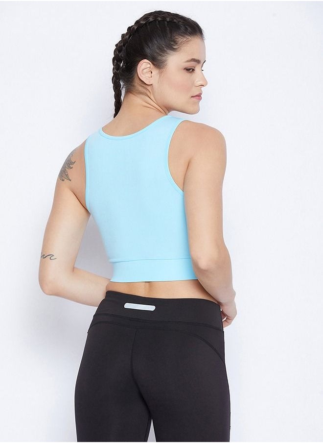 Clovia - Clovia Snug Fit Active Crop Top with Twist Knot in Sky Blue - Image 1