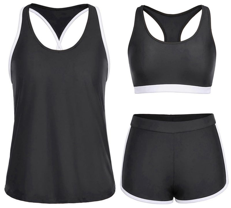 Yonique 3 Piece Athletic Tankini Swimsuits for Women with Shorts Swim Tank Tops with Sports Bra and Boyshorts Bathing Suits XL Black White