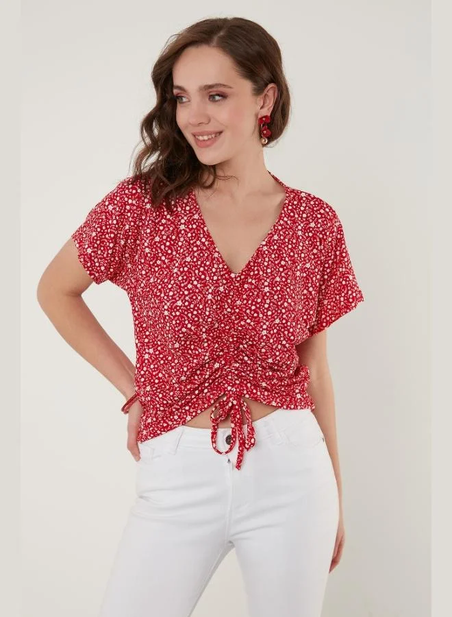 Lela Lela Patterned Front Gathered V-Neck Crop Blouse Women's Blouse 5864486Y4