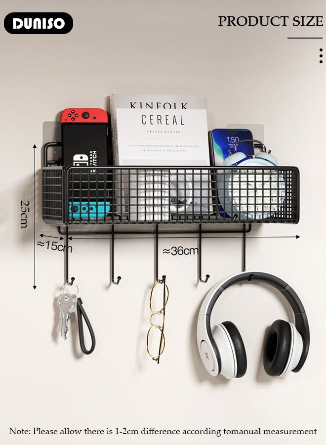 DUNISO Wall-Mounted Storage Rack,Shower Caddy Bathroom Organizer Basket Shelf with Hooks,Bedside Shelves for Snacks in Dormitories,Wall-Mounted Basket for Bathroom Kitchen Toilet Bedroom - Image 2