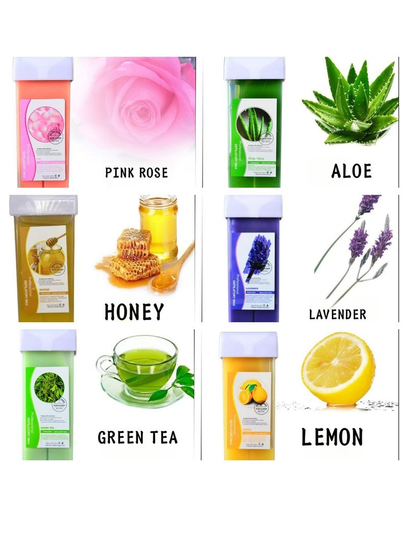 Laseta - 6-Piece  Wax Cartridge ，This set includes（ rose, aloe vera, honey, lavender, green tea, lemon），Waxee Mix of 6 roll-on wax cartridges, roller wax refill 100ml - Image 1
