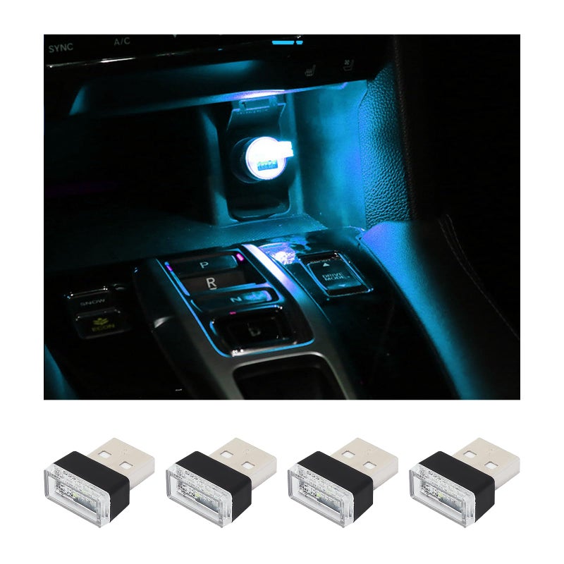 Augeny 4 PCS USB LED Car Interior Atmosphere Lamp Plugin USB Decor Night Light Portable Auto Ambient Lighting Kit Universal Vehicle Interior Accessories for Most Cars Ice Blue